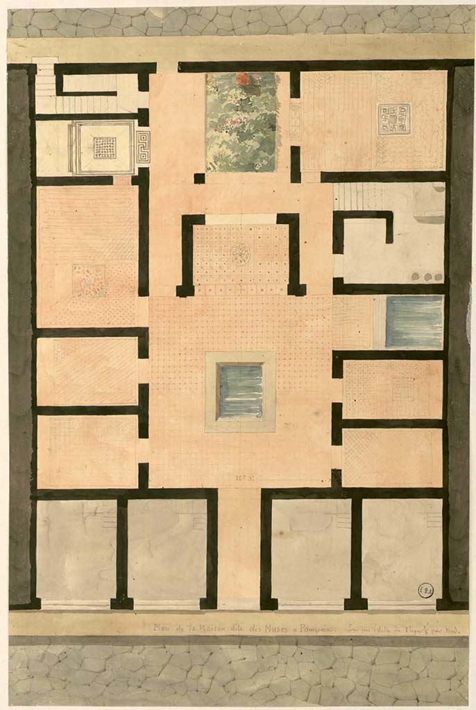 VI.3.7 Pompeii. Plan of House, with lower entrance doorway onto Via Consolare.
At the top of the plan, the doorway on the left is from VI.3.26 (to stairs) and from centre left, at VI.3.25.
The plan also shows mosaic floor patterns.
See Lesueur, Jean-Baptiste Ciceron. Voyage en Italie de Jean-Baptiste Ciceron Lesueur (1794-1883), pl. 4.
See Book on INHA reference INHA NUM PC 15469 (04) « Licence Ouverte / Open Licence » Etalab
