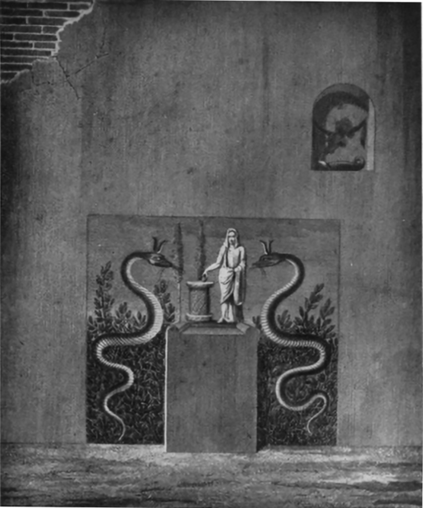 VI.3.7 Pompeii. Remains of masonry altar and niche in the garden area.
Boyce (Plate 12. 4) describes this "as it appeared shortly after discovery in 1810" From Mazois II pl. 24, 2.
According to Boyce, the niche was undecorated, but the altar was coated with red stucco.
Behind the altar was a rectangle of white stucco, which served as a background for the Lararium painting.
Boyce makes the comment that there is a remarkable similarity between this, as reproduced by Mazois, and his painting of the shrine in the Temple of Isis, without the niche, in Vol. IV, pl.11, 5 of the same work.
See Boyce G. K., 1937. Corpus of the Lararia of Pompeii. Rome: MAAR 14. (p.45, and pl.12,2 and 4)
See Giacobello, F., 2008. Larari Pompeiani: Iconografia e culto dei Lari in ambito domestico. Milano: LED Edizioni. (p.172).