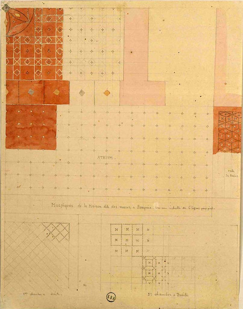 VI.3.7 Pompeii. Painting of mosaic floors. "Mosaïques de la Maison dites des muses a Pompei".
Upper left, part of mosaic in tablinum.
Centre, atrium flooring.
Lower left, 1st room on right Lower right, 2nd room on right
See Lesueur, Jean-Baptiste Ciceron. Voyage en Italie de Jean-Baptiste Ciceron Lesueur (1794-1883), pl. 5.
See Book on INHA reference INHA NUM PC 15469 (04) « Licence Ouverte / Open Licence » Etalab