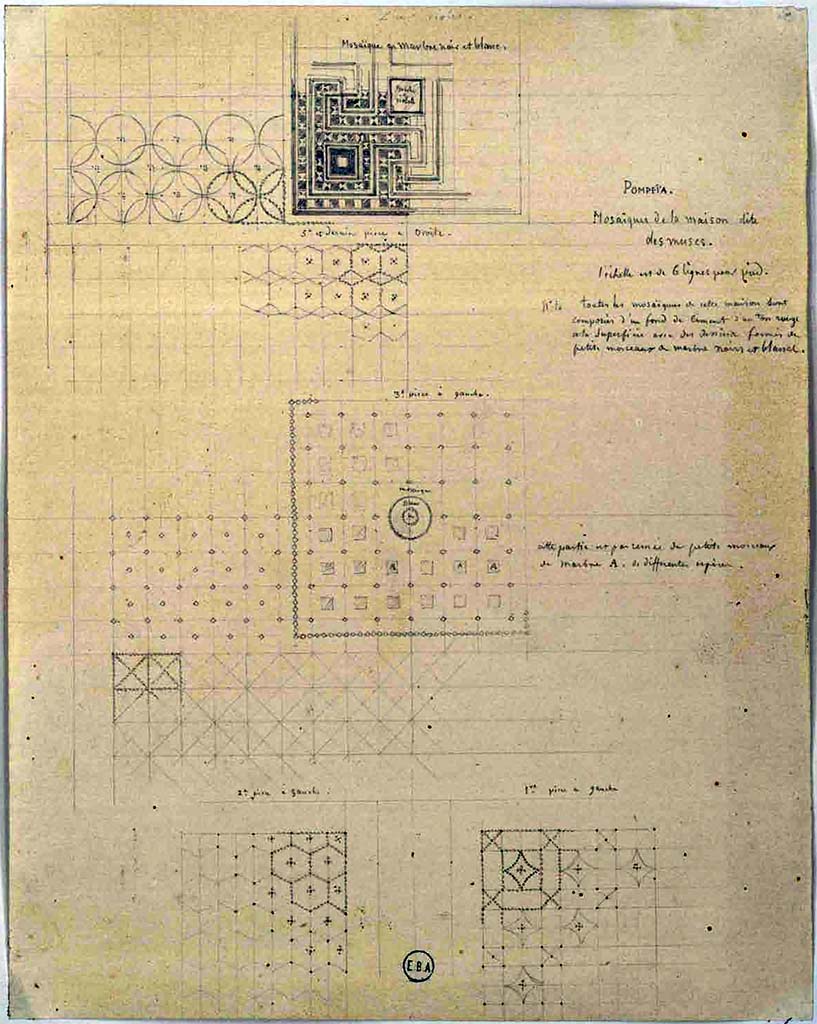 VI.3.7 Pompeii. Plan of flooring -
Upper – Cinquième (et dernier?) pièce à gauche, mosaïque in Marbre noir et blanc.
Middle – Troisième pièce à gauche. Middle right is unclear - ?????? partie ?????? ?????? morceaux de Marbre A, de différents ???????
Lower left, Deuxième pièce à gauche. Lower right, Premiere pièce à gauche.
See Lesueur, Jean-Baptiste Ciceron. Voyage en Italie de Jean-Baptiste Ciceron Lesueur (1794-1883), pl. 8.
See Book on INHA reference INHA NUM PC 15469 (04) « Licence Ouverte / Open Licence » Etalab