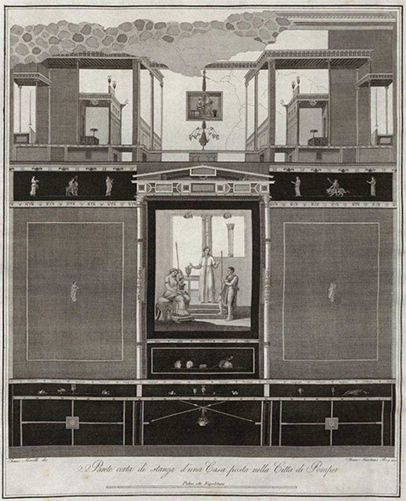 VI.3.7 Pompeii. 1838 painting of the south wall of triclinium.
In the centre panel is the painting of Cassandra prophesising the destruction of Troy.
To the left is seated Hecuba, the wife of King Priam of Troy, with the little Paris clinging to her and the adult Hector to the right.
See Gli ornati delle pareti ed i pavimenti delle stanze dell'antica Pompei incisi in rame: 1838, pl. 66.