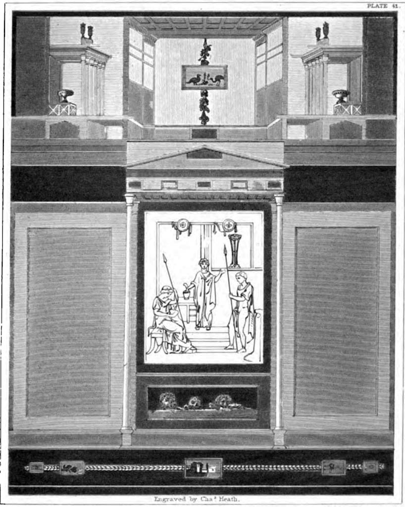VI.3.7 Pompeii. Painting by William Gell of the south wall of triclinium/oecus.
The central painting is of Hecuba, Paris and Hector with Cassandra prophesising the destruction of Troy.
See Gell, W. and Gandy, J., 1852. Pompeiana: Third Edition. London: Bohn, pl. 41.