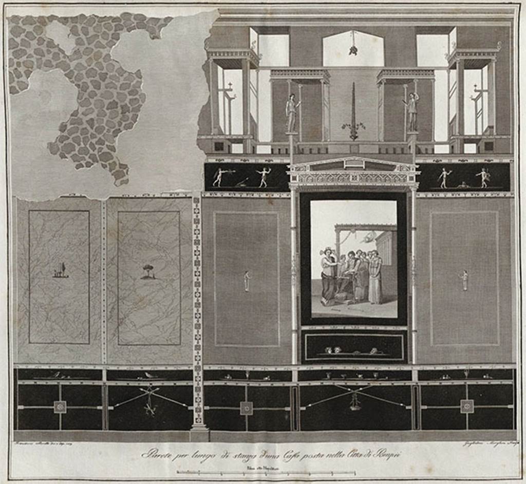 VI.3.7 Pompeii. 1838 painting of east wall of triclinium with painting of Dido weeping, in centre panel. See Gli ornati delle pareti ed i pavimenti delle stanze dell'antica Pompei incisi in rame: 1838, pl. 64.
According to PPM, the zoccolo of both the anteroom and room was black, with alternating panels of geometric elements and crossed thyrsi, from which dangled musical instruments, and a plate with fruit; in the frieze above the zoccolo there were birds and vases/pots.
In the middle of the wall, the panels in the anteroom (on the left above) were yellow featuring small vignettes of sacred subjects; the side wall panels in the main triclinium were red with small figures in the centre, surmounted by a frieze with figures (perhaps cupids);
the painting of abandoned Dido was enclosed in a central aedicula. At the top of the wall, two caryatids are shown above the aedicula in the architectural painting.
See Carratelli, G. P., 1990-2003. Pompei: Pitture e Mosaici. Roma: Istituto della enciclopedia italiana. Vol, IV, page 285