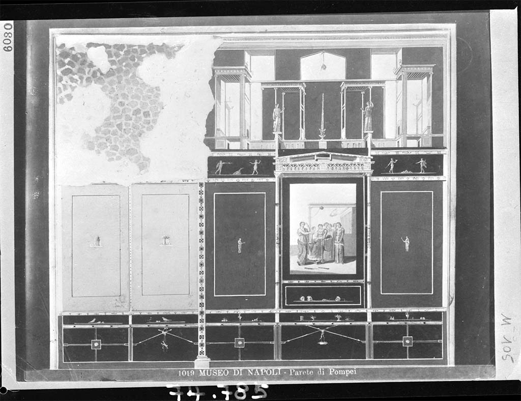 VI.3.7 Pompeii. 1829 painting by F. Morelli of east wall of triclinium with painting of Dido weeping, in centre panel.
DAIR 74.785. Photo © Deutsches Archäologisches Institut, Abteilung Rom, Arkiv. See Carratelli, G. P., 1990-2003. Pompei: Pitture e Mosaici: Vol. IV. Roma: Istituto della enciclopedia italiana, page 285
