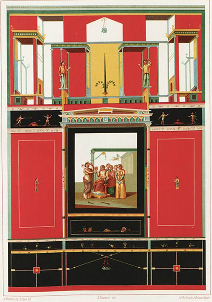 VI.3.7 Pompeii. 1890 painting of part of east wall of triclinium.
In the centre panel is the painting of Dido weeping at the departure of Aeneas.
At the front is the personification of Africa, recognisable by the elephantine features covering her head.
In the background is the ship in which Aeneas is leaving.
See Niccolini F, 1890. Le case ed i monumenti di Pompei: Volume Terzo. Napoli, L’Arte in Pompei, pl. 33.