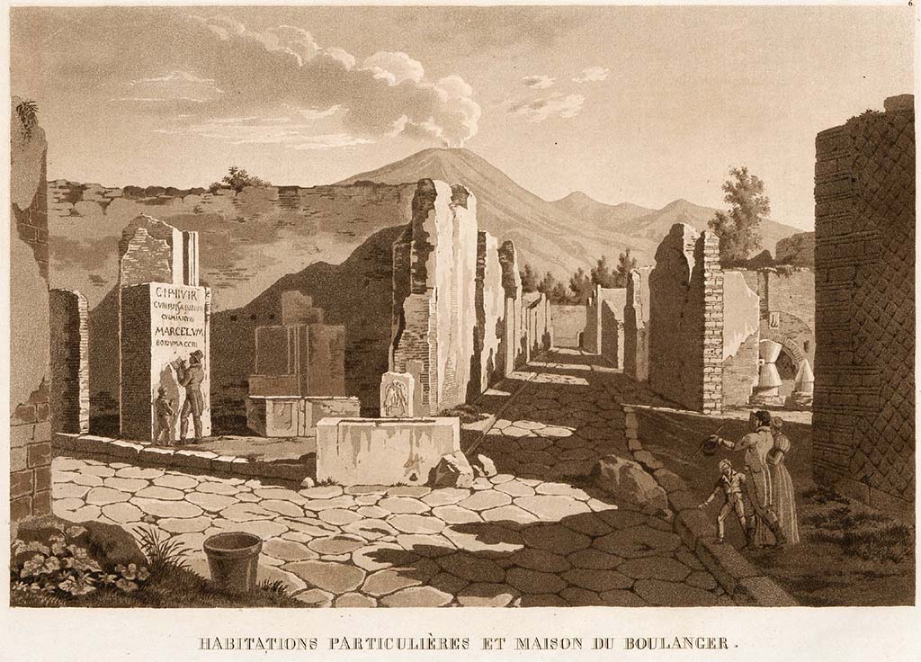 VI.3.20 Pompeii. Pre-1824.
Painting by J. W. Huber, looking north to bar at junction of Via Consolare with Vicolo di Modesto. On the right is the bakery at VI.6.17.
See Huber, J. W., 1824. Vues pittoresques des ruines les plus remarquables de l’ancienne ville de Pompei, Livraison II. Zurich : Huber and Fuessli, pl. 6.