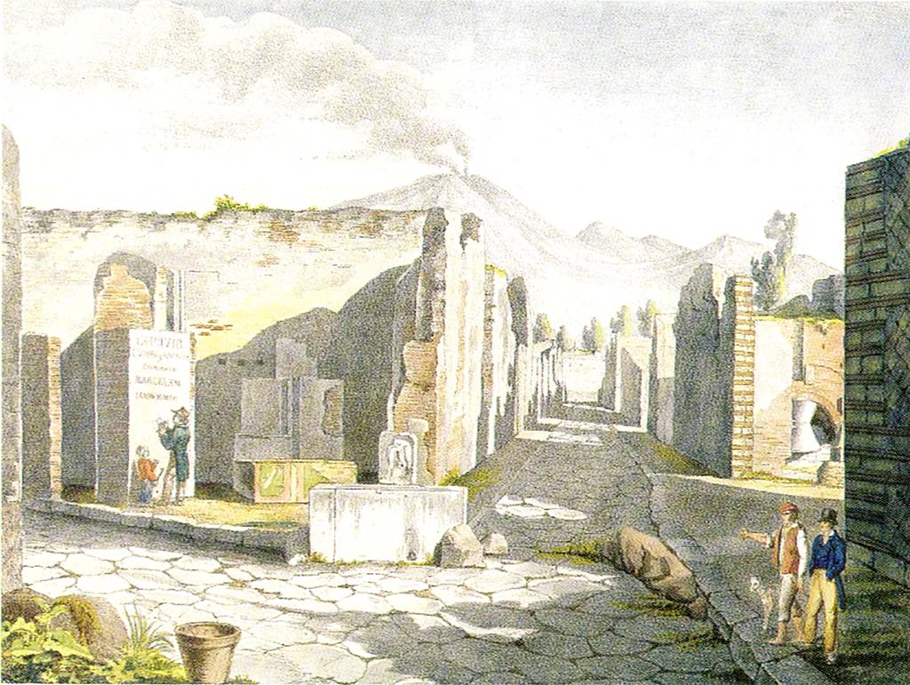 VI.3.20 Pompeii. Painting c.1818.
Looking north to bar with electoral recommendation on the left of doorway, at junction of Via Consolare with Vicolo di Modesto.
On the right is the bakery at VI.6.17.