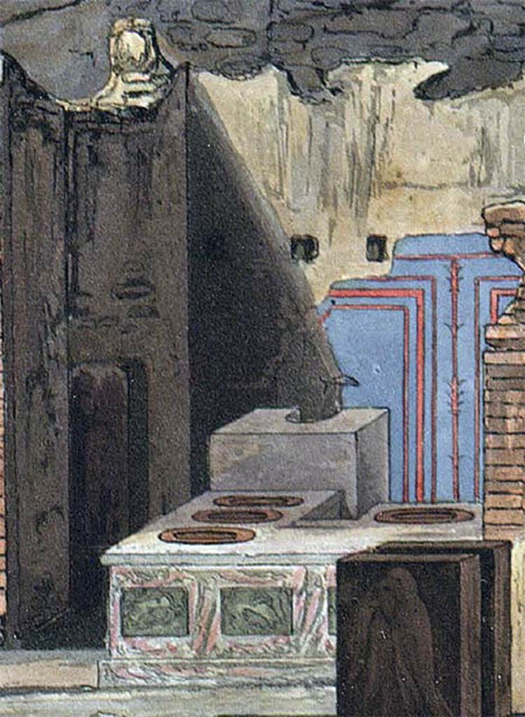 VI.3.20 Pompeii. 1819 painting, detail of bar counter, hearth and rear wall.
See Cooke, Cockburn and Donaldson, 1827. Pompeii Illustrated: Vol. II. London: Cooke, p. 32. According to Dyer:
“At the angle of two streets, just behind the fountain, was a small shop, called by some a thermopolium, or shop for the sale of hot drinks.
The walls were gaudily painted in blue panels with red borders, and towards the street was a counter cased with marble.
The stains left on these counters, apparently by wet drinking-glasses, have led to the identification, or supposed identification, of several such shops.”
See Dyer, T., 1867. The Ruins of Pompeii. London: Bell and Daldy. (p.49)