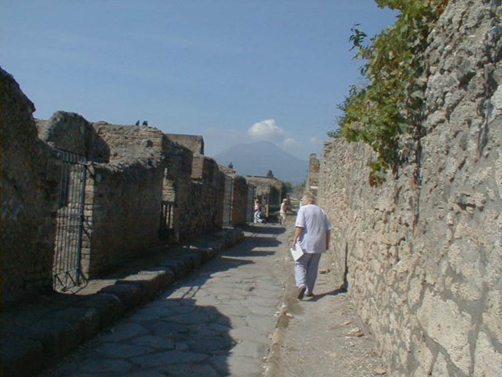 VI.3.25 Pompeii, on left. September 2004. Vicolo di Modesto, looking north. VI.6, on right.