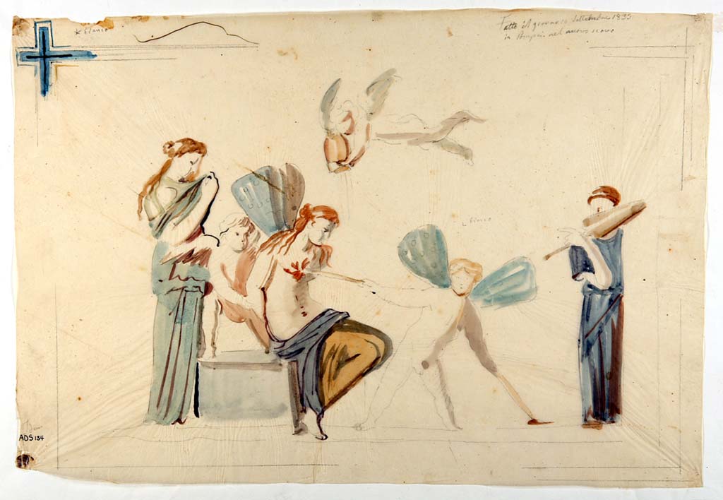 VI.5.1 and VI.5.2 Pompeii. Painting made by Giuseppe Marsigli, 10th September 1835 showing the torture of Psyche.
According to Helbig, this painting had been destroyed, (see Helbig 854) but now in Oxford Ashmolean Museum.
Now in Naples Archaeological Museum. Inventory number ADS 134.
Photo © ICCD. http://www.catalogo.beniculturali.it
Utilizzabili alle condizioni della licenza Attribuzione - Non commerciale - Condividi allo stesso modo 2.5 Italia (CC BY-NC-SA 2.5 IT)
