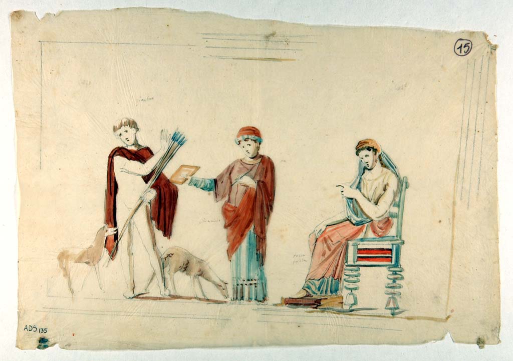 VI.5.1 and VI.5.2 Pompeii. Painting made by Giuseppe Marsigli, in pencil/crayon/chalk with watercolours, showing Phaedra, Hippolytus and the nurse.
Now in Naples Archaeological Museum. Inventory number ADS 135.
Photo © ICCD. http://www.catalogo.beniculturali.it
Utilizzabili alle condizioni della licenza Attribuzione - Non commerciale - Condividi allo stesso modo 2.5 Italia (CC BY-NC-SA 2.5 IT)
This painting was also listed as destroyed by Helbig, See Helbig 1246, but is now in the British Museum.
See Carratelli, G. P., 2003. Pompei: La documentazione nell'Opera di disegnatori e pittori dei secoli XVIII e XIX. Roma: Istituto della enciclopedia italiana, p. 227-8 no. 124.
The British Museum web site describes a painting which corresponds in its description but is without a photo as yet. BM Registration number 1857,0415.4.
Sir William Temple, British minister in Naples, bequeathed a major collection to the Museum in 1856 of which it was a part.
