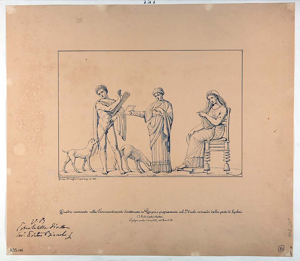 VI.5.1 and VI.5.2 Pompeii. Pen and ink drawing by Giuseppe Marsigli, 1835, of the above painting showing Phaedra, Hippolytus and the nurse.
Now in Naples Archaeological Museum. Inventory number ADS 136.
Photo © ICCD. http://www.catalogo.beniculturali.it
Utilizzabili alle condizioni della licenza Attribuzione - Non commerciale - Condividi allo stesso modo 2.5 Italia (CC BY-NC-SA 2.5 IT)