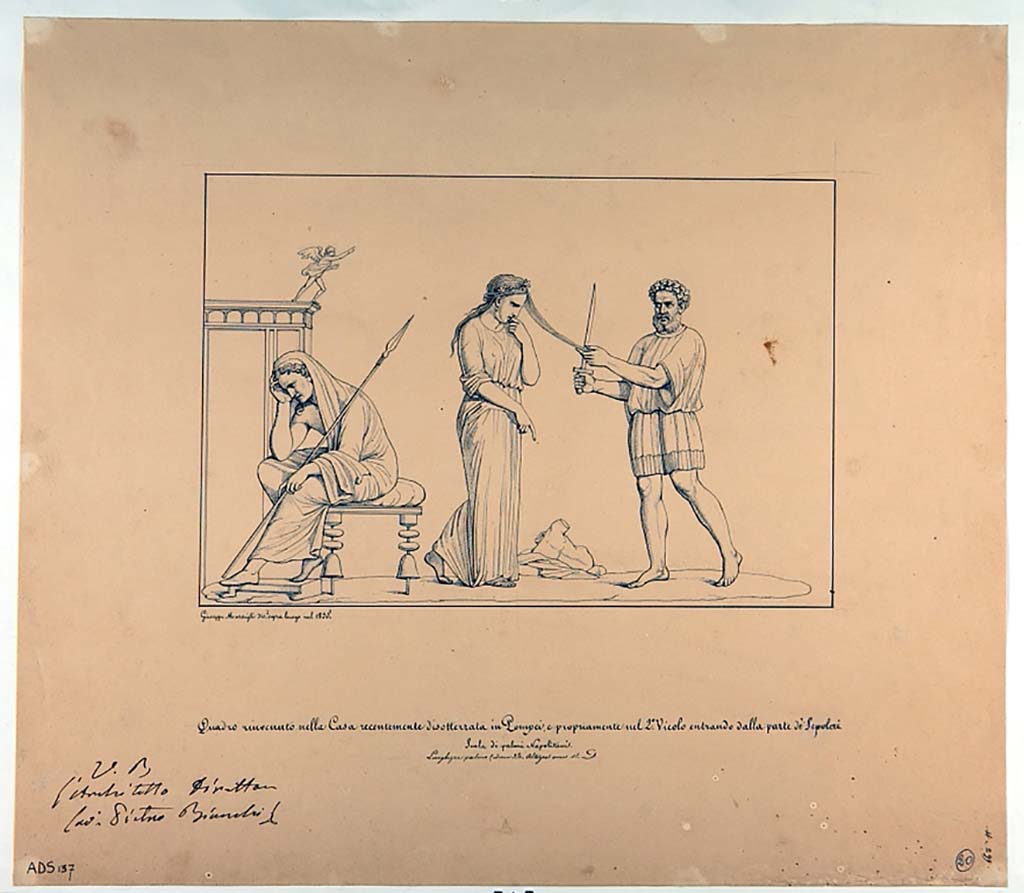 VI.5.1 and VI.5.2 Pompeii. Pen and ink drawing by Giuseppe Marsigli, 1835, of the painting showing sacrifice of Iphigenia.
Now in Naples Archaeological Museum. Inventory number ADS 137.
Photo © ICCD. http://www.catalogo.beniculturali.it
Utilizzabili alle condizioni della licenza Attribuzione - Non commerciale - Condividi allo stesso modo 2.5 Italia (CC BY-NC-SA 2.5 IT)
Helbig describes the painting as:
“In the middle stands Iphigenia, laurel-wreathed, in green chiton with a purple margin, with her left hand raised to the mouth, it seems resigned in her fate, in front of her the bearded, laurel wreathed Calchas in red chiton with blue lining, in act of starting the sacrifice, cutting off a lock of the maiden’s hair with the sword.
Behind Iphigenia sits Agamemnon on a chair, bent forward, sunk in deep sorrow, beardless, wrapped in a cloak drawn over the back of the head, in the left hand a spear, supporting the head with the right hand. Next to him is a temple-like building, on which stands a winged statue with flying chlamys.”
See Helbig, W., 1868. Wandgemälde der vom Vesuv verschütteten Städte Campaniens. Leipzig: Breitkopf und Härtel, 1305.
