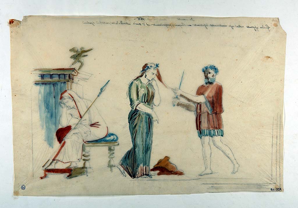 VI.5.1 and VI.5.2 Pompeii. Painting made by Giuseppe Marsigli in pencil/crayon/chalk with watercolours, showing sacrifice of Iphigenia.
This painting is shown reversed from that on the ICCD site and we show it as it is in Disegnatori which has the note “montata a rovescio” (mounted backward) and with the writing “sul rovescio del foglio” (on the reverse of the sheet). ADS 137 and ADS 138 are both dated 1935 and described as a house recently uncovered “propriamente nel secondo Vicolo entrando dalla parte dei Sepolcri”. They would therefore indicate the same house and the same painting.
See Carratelli, G. P., 2003. Pompei: La documentazione nell'Opera di disegnatori e pittori dei secoli XVIII e XIX. Roma: Istituto della enciclopedia italiana, p. 227 no. 126.
Now in Naples Archaeological Museum. Inventory number ADS 138.
Photo © ICCD. http://www.catalogo.beniculturali.it
Utilizzabili alle condizioni della licenza Attribuzione - Non commerciale - Condividi allo stesso modo 2.5 Italia (CC BY-NC-SA 2.5 IT)
The original painting is also now in the Naples Archaeological Museum.