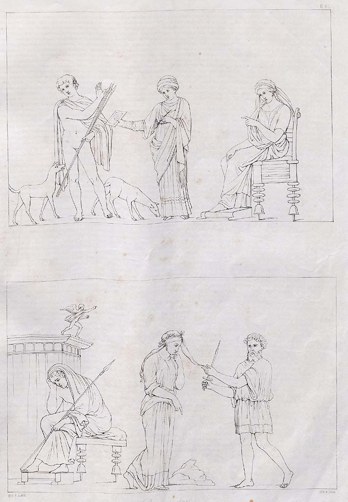 VI.5.1 and VI.5.2 Pompeii.
Two drawings by Zahn, July 1835, of the paintings showing Phaedra, Hippolytus and the nurse and the sacrifice of Iphigenia.
Three paintings (two above and one below) were discovered in a room of a small house very close to the city wall, in the vicolo which was to the left of the House of Pansa, between the House of Sallust and the House of Modesto which leads to this city wall. According to Zahn they were in the Royal Museum at Naples.
See Zahn, W., 1842. Die schönsten Ornamente und merkwürdigsten Gemälde aus Pompeji, Herkulanum und Stabiae: II. Berlin: Reimer, Taf. 61.
Helbig refers to Zahn’s drawing in his description of the Iphigenia painting (Helbig 1305).
Now in Naples Archaeological Museum.
