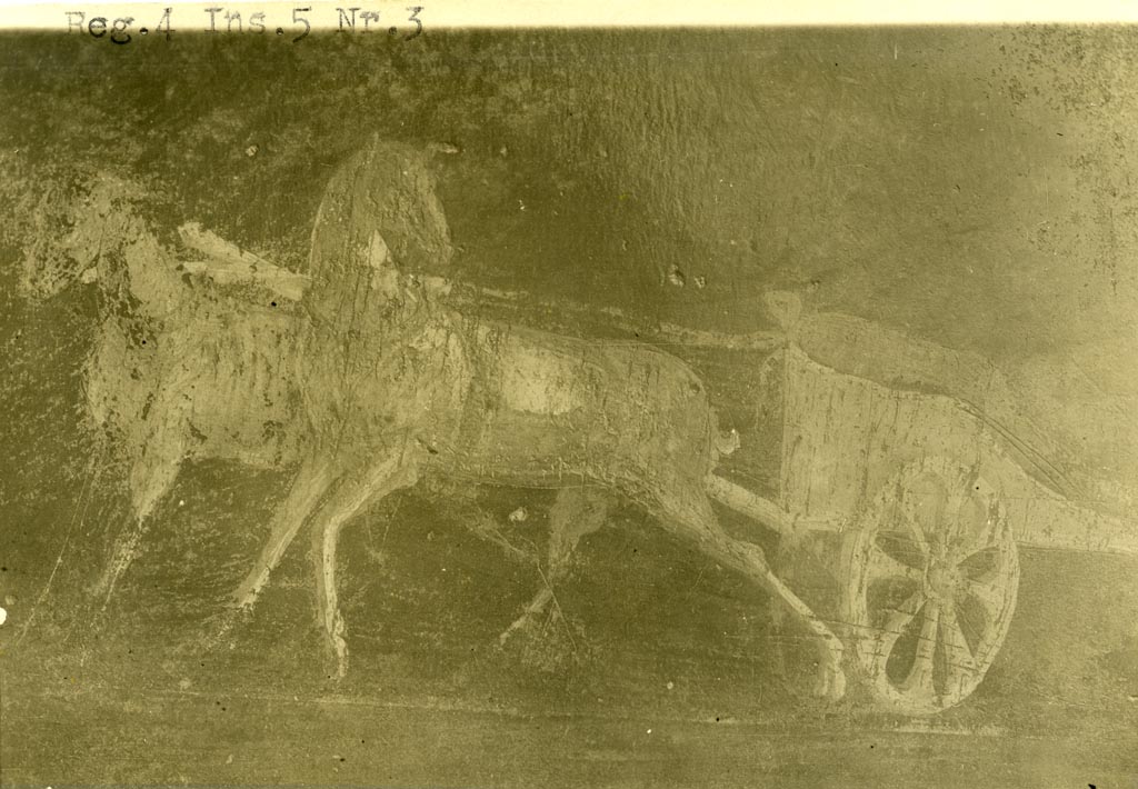 VI.5.3 Pompeii but shown as IV.5.3 on photo. Pre-1937-39.
Painting from west wall in south-west corner of atrium showing chariot being pulled by two animals.
Photo courtesy of American Academy in Rome, Photographic Archive. Warsher collection no. 1674.