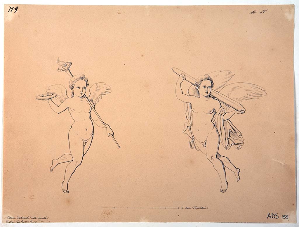 VI.5.3 Pompeii. Drawing by Giuseppe Abbate, of two vignettes of cupids, now disappeared. 
According to the description by Avellino (BAN 1844), it is probable that these two vignettes come (respectively) from Rooms 20 and 1
Now in Naples Archaeological Museum. Inventory number ADS 155.
Photo � ICCD. http://www.catalogo.beniculturali.it
Utilizzabili alle condizioni della licenza Attribuzione - Non commerciale - Condividi allo stesso modo 2.5 Italia (CC BY-NC-SA 2.5 IT)
