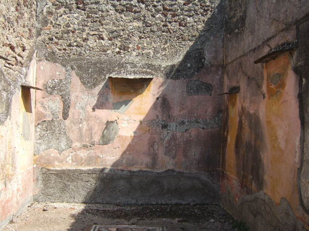VI.5.5 Pompeii. September 2005. Triclinium to the left behind the peristyle, in the north-east corner. Looking east.
Helbig identifies in this room: “Room to the left behind the peristyle, Polyphemus, 1047, Oedipus, 1155, Leda, 151”.
See Helbig, W., 1868. Wandgemälde der vom Vesuv verschütteten Städte Campaniens. Leipzig: Breitkopf und Härtel. (1047, 1155, 151).
According to PPM, the walls of this room are described as being painted in IV style, above the red zoccolo/dado/plinth it was dividied into panels separated by compartments with painted plants, the middle area of the wall was painted yellow, but the upper zone was faded and colour unrecognisable.
The flooring was cocciopesto, with a border of black and white mosaics enclosing a rectangular area, also of cocciopesto but inserted with tiles and chippings of coloured marble.
See Carratelli, G. P., 1990-2003. Pompei: Pitture e Mosaici. 4. Roma: Istituto della enciclopedia italiana. (p.329, 330)