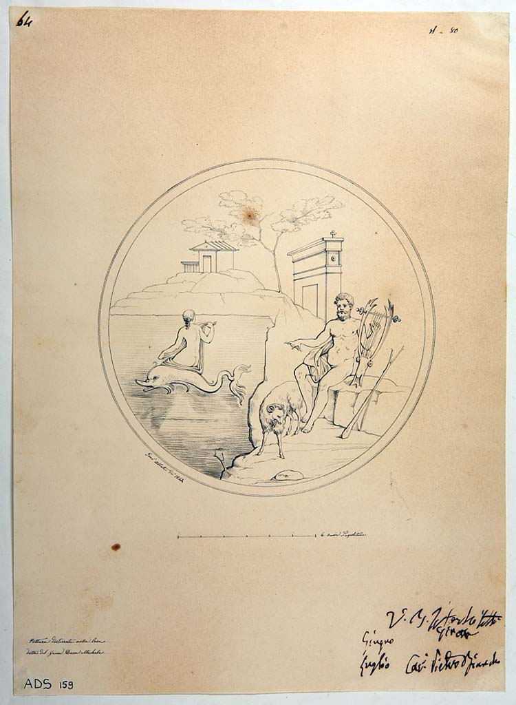 VI.5.5 Pompeii. Pen and ink drawing of Polyphemus and Galatea, by Giuseppe Abbate (1844), from south wall of triclinium.
Now in Naples Archaeological Museum. Inventory number ADS 159.
Photo © ICCD. http://www.catalogo.beniculturali.it
Utilizzabili alle condizioni della licenza Attribuzione - Non commerciale - Condividi allo stesso modo 2.5 Italia (CC BY-NC-SA 2.5 IT)