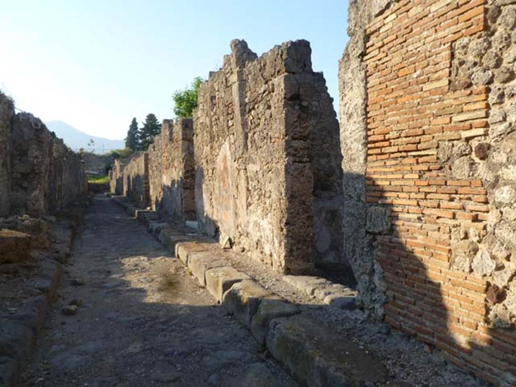 VI.5.10 Pompeii. May 2011. Looking north along Vicolo di Modesto, from outside entrance doorway, on right.