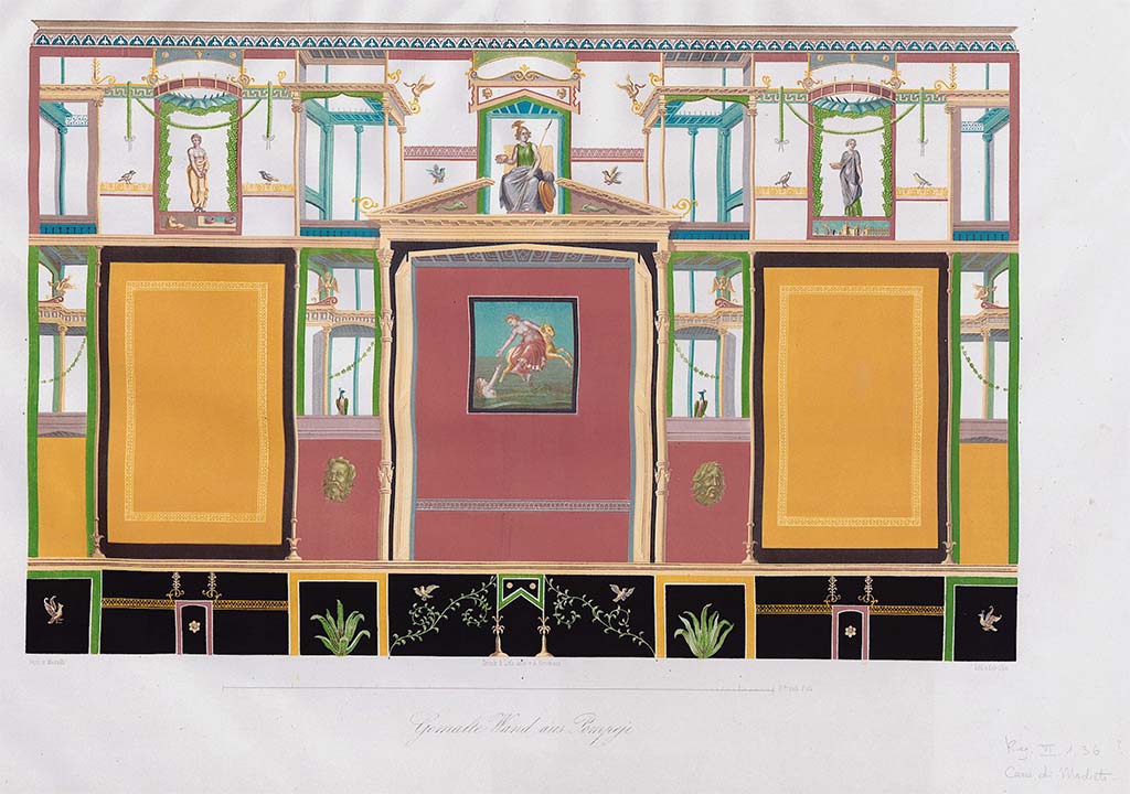 VI.5.13 Pompeii, also entered at VI.17.36 and VI.17.25, Pompeii. Pre-September 1859. 
Painting by Zahn of wall of house with central red panel with painting of Phrixus and Helle.
Sitting at the top of the same panel Minerva can be seen sitting on a throne. 
The sides panels were yellow and the zoccolo was black.
See Zahn, W., 1852-59. Die schönsten Ornamente und merkwürdigsten Gemälde aus Pompeji, Herkulanum und Stabiae: III. Berlin: Reimer, taf. 96.
Someone has written in pencil in the lower right corner, Reg. VI.1.36? Casa di Modesto. 

According to Eristov – Maison de Modeste, VI.5.13, Tablinum [7].
This painting was probably from the east wall of the tablinum.
(Subsistent les lignes de partition et quelques fantômes. La corniche de stuc est conservée sur la moitie droite du mur du fond (nord) qui obéissait au même schéma.
Le socle était sans doute noir (0.38), la zone médiane rouge au centre, jaune latéralement (i.53), les échappes fermées par des plaques rouges, la zone supérieure blanche (0.87).
L’iconographie des tableaux assure l’identification de la pièce, confirmée par une photo Warscher, les mesures de la planche des Ornati permettant d’affirmer qu’il s’agit du mur est.
Du point de vue architectural cette pièce au mur du fond totalement fermée s’écarte de l’aspect habituel du tablinum.)
See Eristov, H. Atrium, Tablinum, Ala : enquête sur quelques décors pompéiens disparus. (p.187-193) in Proceedings of the Fifth International Congress on Ancient Wall Painting, edited by Eric M. Moorman (Functional and Spatial Analysis of Wall Painting).

