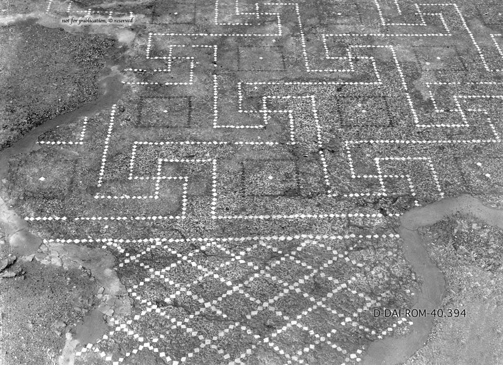 VI.6.1 Pompeii. c.1930. Room 4, flooring in west ala.
DAIR 40.394. Photo © Deutsches Archäologisches Institut, Abteilung Rom, Arkiv.
See Pernice, E. 1938. Pavimente und Figürliche Mosaiken: Die Hellenistische Kunst in Pompeji, Band VI. Berlin: de Gruyter, (taf. 15,4).