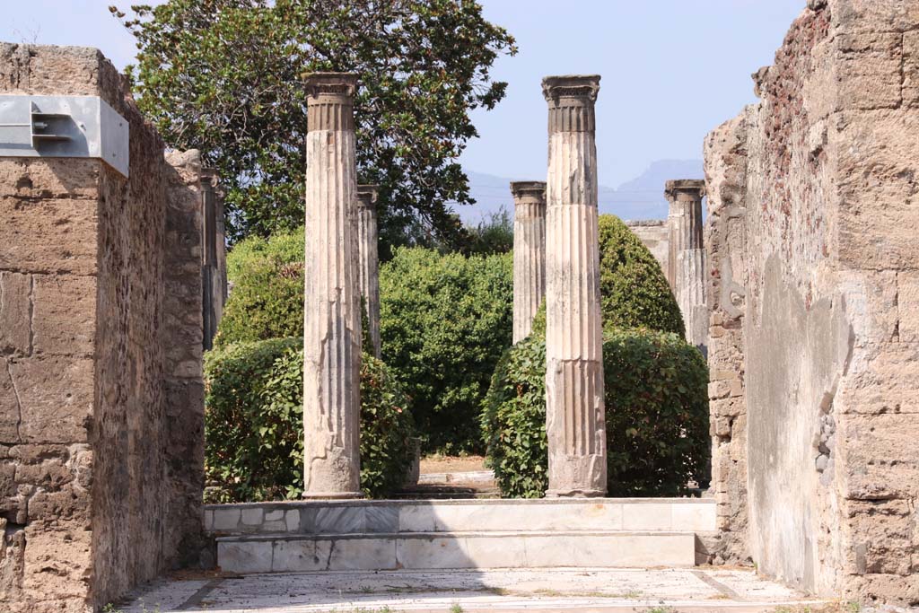 VI.6.1 Pompeii. September 2019.
Room 6, looking north across tablinum towards steps and columns in peristyle garden.
Photo courtesy of Klaus Heese.
