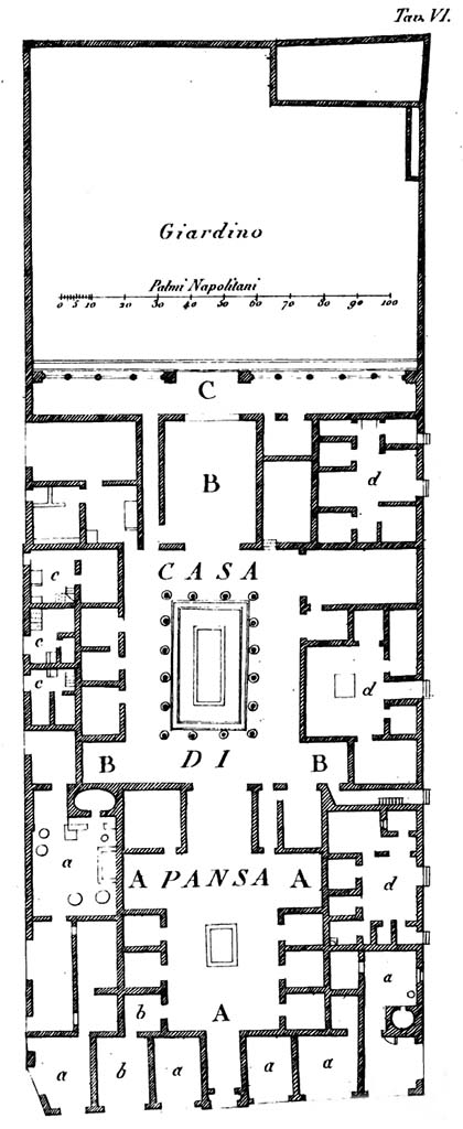 VI.6.9 Pompeii. c.1836. Plan of House of Pansa, VI.6.1 main entrance in lower centre.
The entrance doorway to this part of the house (marked "d") is shown as the fifth entrance from the lower right corner, on the east side of the insula.
See De Jorio, A., 1836. Guida di Pompei. Napoli: Fibrena, tav.VI.