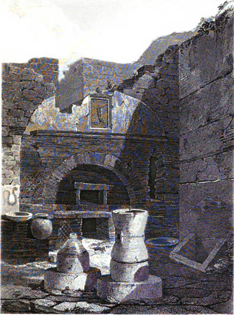 VI.6.17 Pompeii. 1852. Print of bakery in the House of Pansa. The print showed a single serpent painted on the front side of the oven and the plaque in place. See Gell, W. and Gandy, J., 1852. Pompeiana: Third Edition. London: Bohn. (Pl. 38).