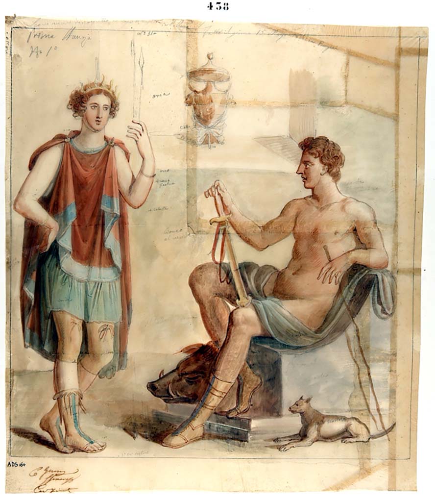VI.7.3 Pompeii. Painting attributed to Giuseppe Marsigli, dated 15th March 1836, showing Artemis with a hunting companion.
According to Helbig, this showed Achilles and Patroclus, but it has now faded and disappeared.
Now in Naples Archaeological Museum. Inventory number ADS 164.
Photo © ICCD. http://www.catalogo.beniculturali.it
Utilizzabili alle condizioni della licenza Attribuzione - Non commerciale - Condividi allo stesso modo 2.5 Italia (CC BY-NC-SA 2.5 IT)