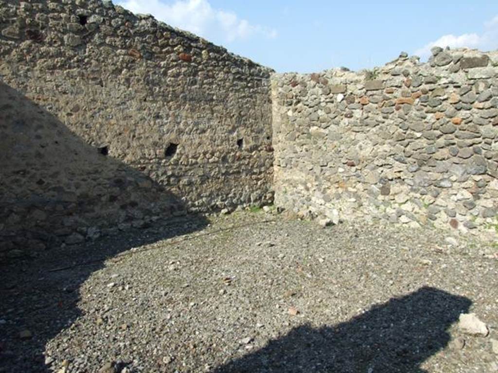 VI.7.3 Pompeii. March 2009. Room 6, north-east corner of garden area.
According to Jashemski, there was a small garden at the rear of the house.
This was reached by a passageway on the right of the tablinum. The gutter along the north, east and south edges of the garden is now destroyed.
See Jashemski, W. F., 1993. The Gardens of Pompeii, Volume II: Appendices. New York: Caratzas. (p.129)
