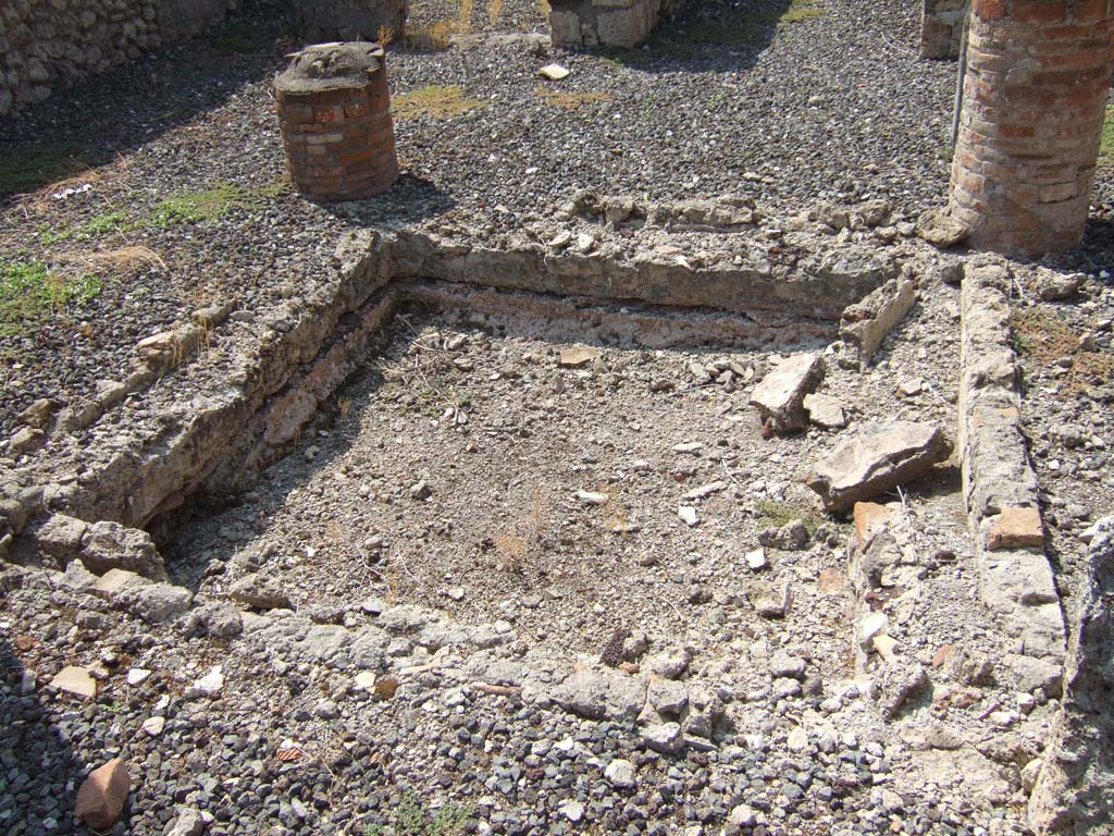 VI.7.3 Pompeii. September 2005. Room 1, impluvium in atrium, looking west.
According to Jashemski, Fiorelli thought the tetrastyle atrium had been given the character of a garden by planting flowers.
These had been planted in the little channels (canaletti) enclosing the impluvium.
Today this is ruined, and nothing remains.
See Jashemski, W. F., 1993. The Gardens of Pompeii, Volume II: Appendices. New York: Caratzas. (p.129)
See Pappalardo, U., 2001. La Descrizione di Pompei per Giuseppe Fiorelli (1875). Napoli: Massa Editore. (p.57)