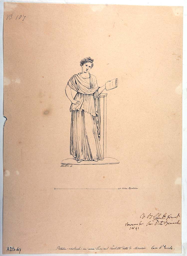 VI.7.6 Pompeii. Room 10, pen and ink drawing by Giuseppe Abbate, 1841, showing the Muse Clio, or Calliope, (Helbig 862). 
Due to the deterioration of the painted plaster it is not possible to find the actual location of this painted panel.
Now in Naples Archaeological Museum. Inventory number ADS 167.
Photo � ICCD. http://www.catalogo.beniculturali.it
Utilizzabili alle condizioni della licenza Attribuzione - Non commerciale - Condividi allo stesso modo 2.5 Italia (CC BY-NC-SA 2.5 IT)
