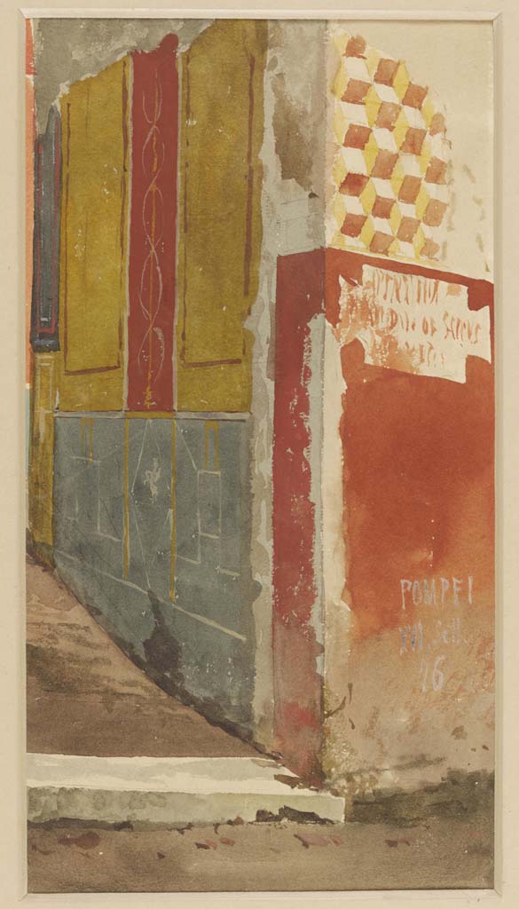 VI.7.6 Pompeii. 16th September 1876. Watercolour by Luigi Bazzani.
Looking towards entrance doorway on north side of Vicolo di Mercurio.
Photo © Victoria and Albert Museum. Inventory number 2058-1900.