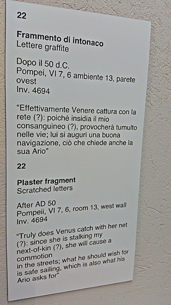 VI.7.6 Pompeii. June 2017.
Information card for inv. 4694 in Naples Archaeological Museum. Photo courtesy of Giuseppe Ciaramella.