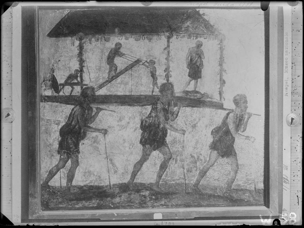 VI.7.8 Pompeii. W.58. Wall painting of the Procession of the Carpenters, originally found on pilaster between entrances VI.7.8 and VI.7.9.
Now in Naples Archaeological Museum. Inventory Number 8991.
Photo by Tatiana Warscher. Photo © Deutsches Archäologisches Institut, Abteilung Rom, Arkiv.