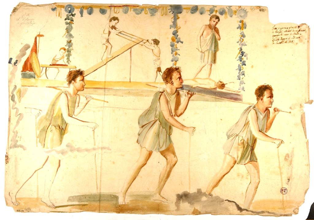 VI.7.9 Pompeii. Ink and watercolour of Procession of Carpenters made 3rd November 1827 and attributed to Giuseppe Marsigli.
Now in Naples Archaeological Museum. Inventory number ADS 174.
Photo © ICCD. https://www.catalogo.beniculturali.it
Utilizzabili alle condizioni della licenza Attribuzione - Non commerciale - Condividi allo stesso modo 2.5 Italia (CC BY-NC-SA 2.5 IT)