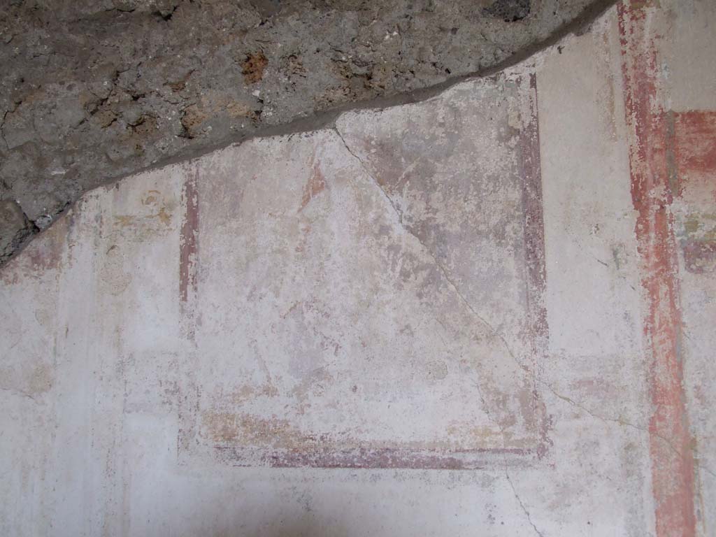 VI.7.18 Pompeii. December 2006. Remains of central painting on south wall of oecus/cubiculum to south of peristyle.
According to Bragantini, this painting was of a Satyr and a feminine figure.
See Bragantini, de Vos, Badoni, 1983. Pitture e Pavimenti di Pompei, Parte 2. Rome: ICCD. (p.150)