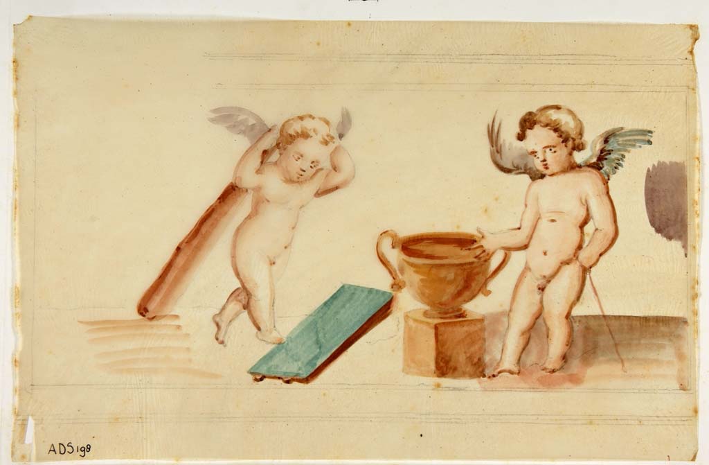 VI.7.18 Pompeii. Watercolour by Antonio Ala, showing two cupids from west end of south wall, (right side of central painting), with items from the myth of Hercules and Omphale, the club and kantharos????
Now in Naples Archaeological Museum. Inventory number ADS 198.
Photo © ICCD. http://www.catalogo.beniculturali.it
Utilizzabili alle condizioni della licenza Attribuzione - Non commerciale - Condividi allo stesso modo 2.5 Italia (CC BY-NC-SA 2.5 IT)