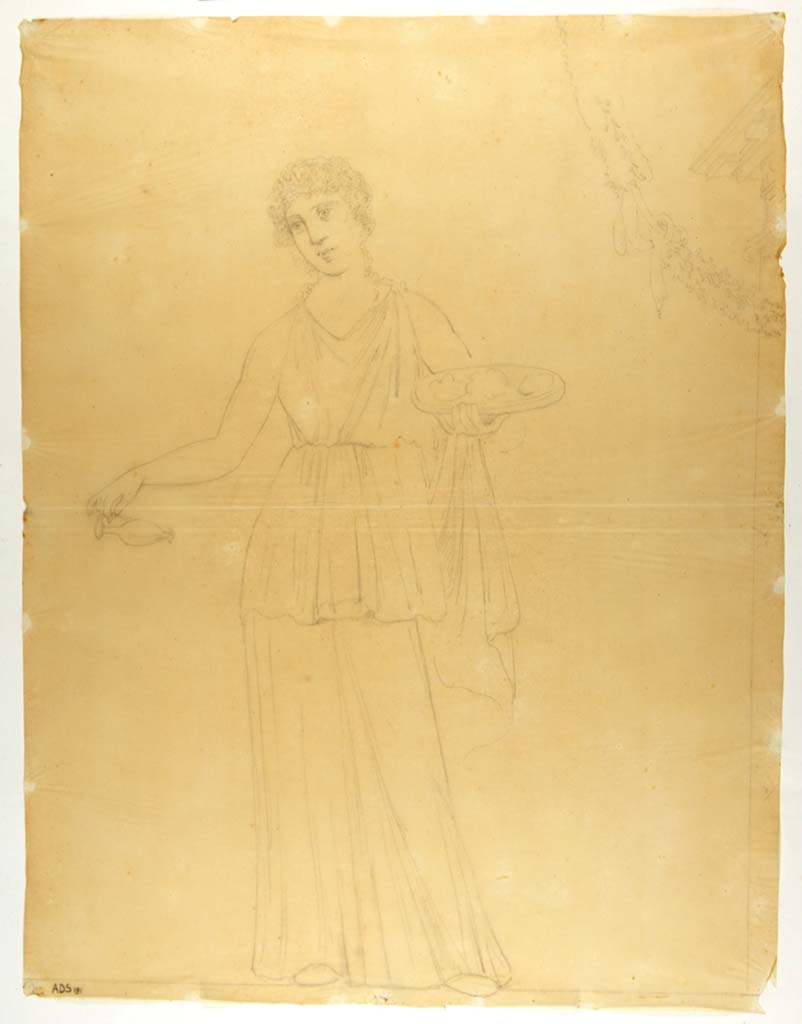VI.7.18 Pompeii. Drawing by Antonio Ala of female figure from upper centre of wall.
Now in Naples Archaeological Museum. Inventory number ADS 191.
Photo © ICCD. http://www.catalogo.beniculturali.it
Utilizzabili alle condizioni della licenza Attribuzione - Non commerciale - Condividi allo stesso modo 2.5 Italia (CC BY-NC-SA 2.5 IT)