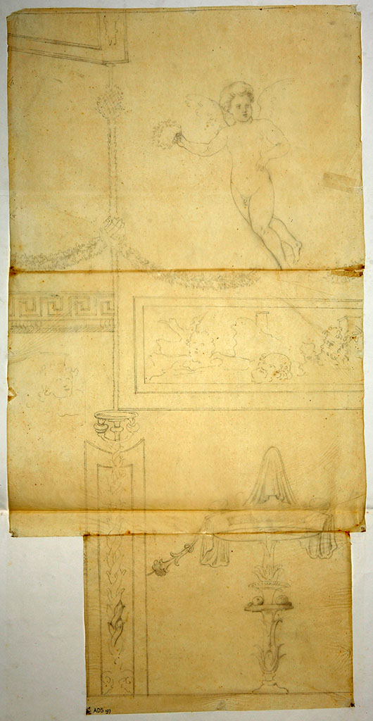 VI.7.18 Pompeii.
Drawing by Antonio Ala of flying cupid figure from above upper side panel of wall.
Now in Naples Archaeological Museum. Inventory number ADS 197.
Photo © ICCD. https://www.catalogo.beniculturali.it
Utilizzabili alle condizioni della licenza Attribuzione - Non commerciale - Condividi allo stesso modo 2.5 Italia (CC BY-NC-SA 2.5 IT)