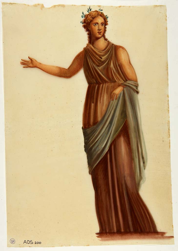 VI.7.18 Pompeii. Painting by Antonio Ala, of figure from west side of zoccolo of south wall of oecus/cubiculum.
Now in Naples Archaeological Museum. Inventory number ADS 200.
Photo © ICCD. http://www.catalogo.beniculturali.it
Utilizzabili alle condizioni della licenza Attribuzione - Non commerciale - Condividi allo stesso modo 2.5 Italia (CC BY-NC-SA 2.5 IT)