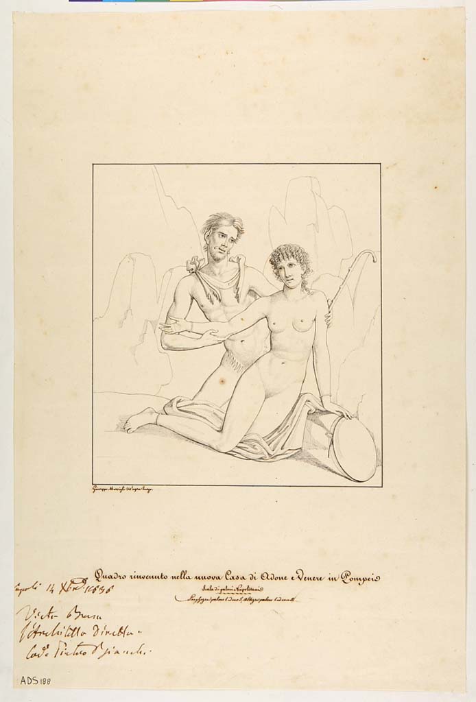 VI.7.18 Pompeii. Pen and ink drawing by Giuseppe Marsigli,
“Of another painting also of Satyr and Maenad (Helbig 548) placed on one of the long walls of oecus/cubiculum, we have this design by Marsigli.”
Whereas this painting in the design of A. Ala (above), which reproduces the entire south wall of the oecus/cubiculum, was wrongly placed at the centre of the same.
Now in Naples Archaeological Museum. Inventory number ADS 188.
Photo © ICCD. http://www.catalogo.beniculturali.it
Utilizzabili alle condizioni della licenza Attribuzione - Non commerciale - Condividi allo stesso modo 2.5 Italia (CC BY-NC-SA 2.5 IT)