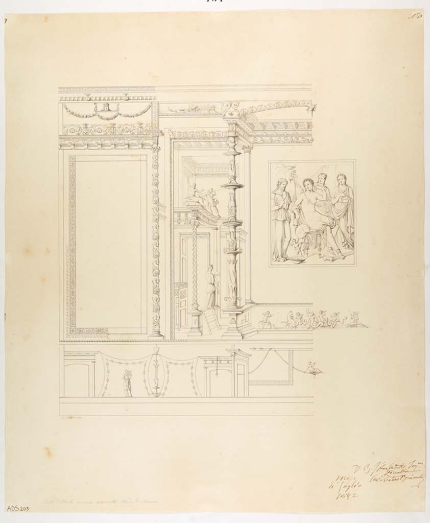 VI.7.18 Pompeii. Pen and ink drawing by Giuseppe Abbate, showing the north end and central part of the east wall, 1842.
Now in Naples Archaeological Museum. Inventory number ADS 203.
Photo © ICCD. http://www.catalogo.beniculturali.it
Utilizzabili alle condizioni della licenza Attribuzione - Non commerciale - Condividi allo stesso modo 2.5 Italia (CC BY-NC-SA 2.5 IT)