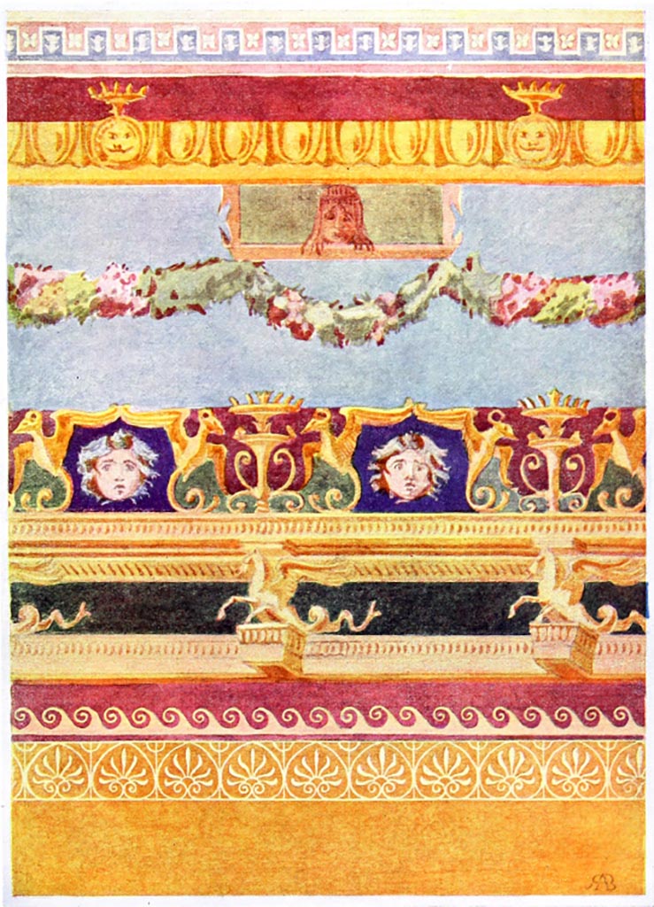 VI.7.18 Pompeii. Detail from upper wall of second oecus.
According to Briggs –
“The top enrichment is modelled in stucco and projects about 1 ½ inches from the wall, next to the ceiling.
The height of the decoration from the red band to the ceiling, is 1 foot 6 inches, and the ceiling is 8 feet 3 inches from the floor.
The heads of Medusa are painted with great care, as indeed is the whole of the Decoration.”
See Briggs, R. A., 1911. Pompeian Decoration. London: Batsford.