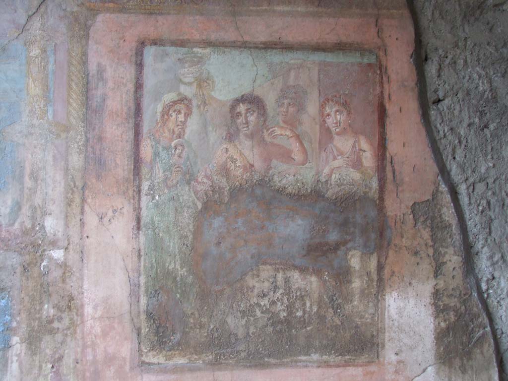VI.7.18 Pompeii. December 2006. East wall of oecus to south of peristyle.
Wall painting of “La toletta del Ermafrodito” or “The toilet of Hermaphrodite”.
