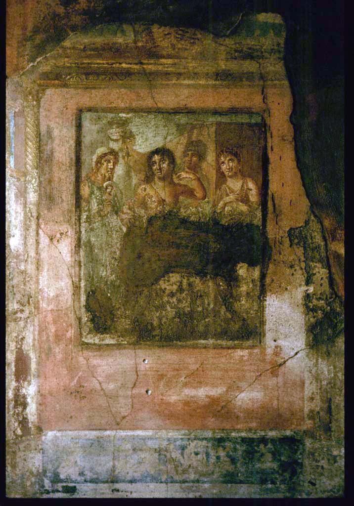 VI.7.18 Pompeii.
Wall painting of “La toletta del Ermafrodito” or “The toilet of Hermaphrodite” from centre of east wall.
Photographed 1970-79 by Günther Einhorn, picture courtesy of his son Ralf Einhorn.