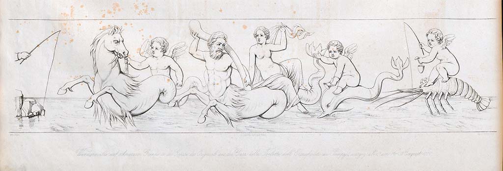 VI.7.18 Pompeii. Pre-October 1852.
Drawing by Zahn found on a black background in a panel of the predella above the zoccolo below the central painting of the east wall.
(Either the anonymous painting above or this one, would seem to have been reversed).
See Zahn, W., 1842-44. Die schönsten Ornamente und merkwürdigsten Gemälde aus Pompeji, Herkulanum und Stabiae: II. Berlin: Reimer, taf. 45.