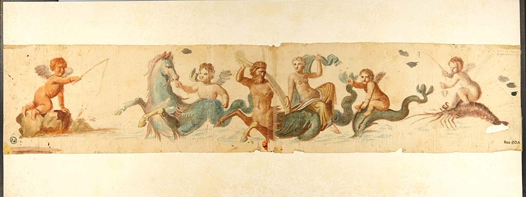 VI.7.18 Pompeii. Painting made by an anonymous painter on 17th August 1828 showing detail from predella of the central part of the east wall.
Now in Naples Archaeological Museum. Inventory number ADS 208.
According to the ICCD scheda: The painting is made on two sheets of glued tissue paper.
The tissue paper is currently mounted upside down on the backing cardboard. Consequently we have reversed the photo here.
Photo © ICCD. https://www.catalogo.beniculturali.it
Utilizzabili alle condizioni della licenza Attribuzione - Non commerciale - Condividi allo stesso modo 2.5 Italia (CC BY-NC-SA 2.5 IT)