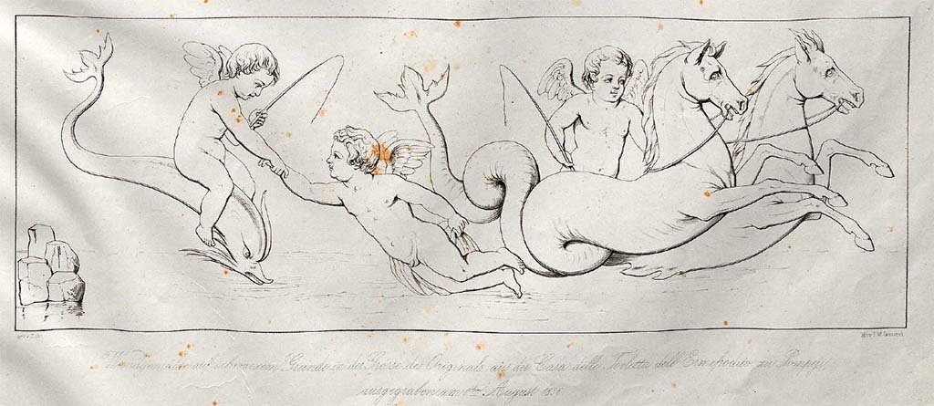 VI.7.18 Pompeii. Pre-October 1851. Drawing by Zahn, of a painting on a black background of a predella.
This painting was found above the zoccolo of a small wall of the room in which the Toilette of Hermaphrodite was found on a large wall.
See Zahn, W., 1852-59. Die schönsten Ornamente und merkwürdigsten Gemälde aus Pompeji, Herkulanum und Stabiae: III. Berlin: Reimer, taf. 35.